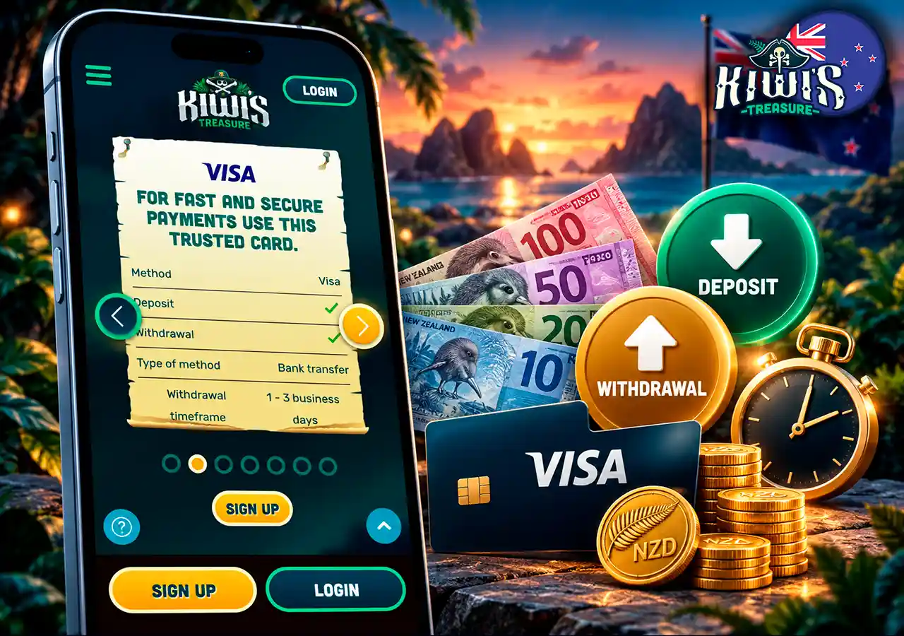 Kiwi's Treasure cashier on mobile with NZD, deposit and withdrawal markers.